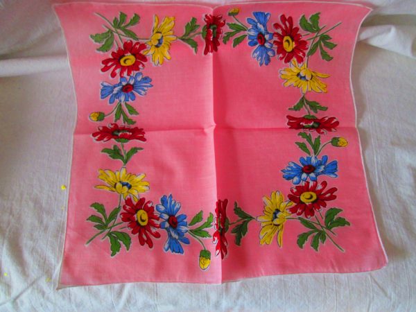 Bright Pink Floral Unused Mid Century Cotton Printed Hankie Handkerchief 12x12