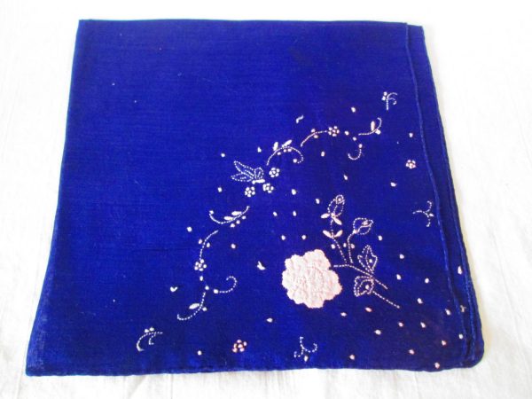 Dark Purple Pale Pink Applique Flowers Embroidered Hankie Handkerchief Large 16x16 Bright blue
