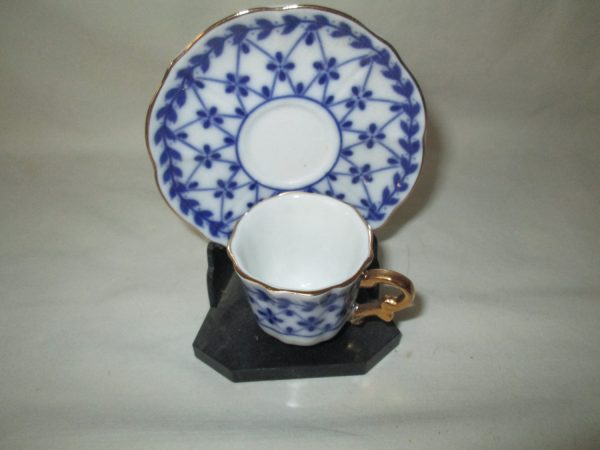 Darling Little Demitasse Tea cup and saucer Chintz blue and white pattern gold trim
