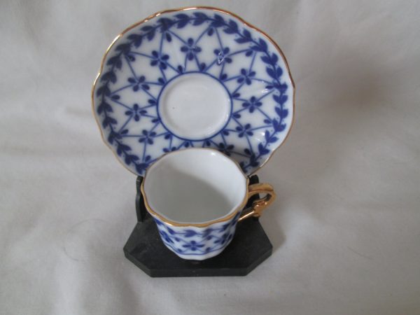Darling Little Demitasse Tea cup and saucer Chintz blue and white pattern gold trim