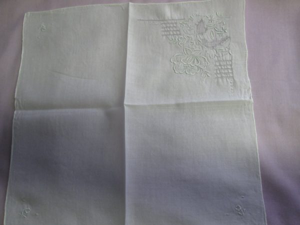 Delicate Embroidered white hanky with embroidered flowers and cut work handkerchief