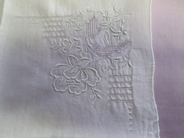 Delicate Embroidered white hanky with embroidered flowers and cut work handkerchief