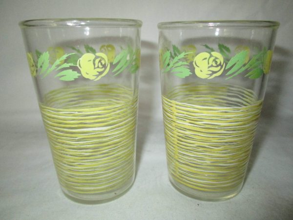 Depression Glass 2  Small Juice Pair Yellow stripe and flowers with green leaves Great condition