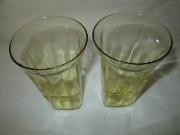 Depression Glass Square base Yellow Gold Pair of matching tumblers paneled pattern flared tops RARE find