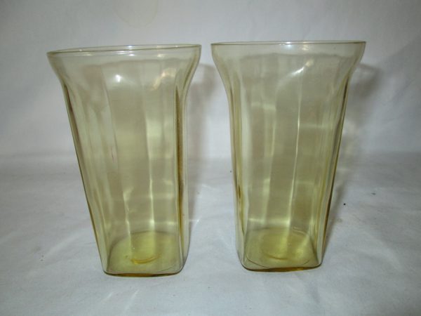 Depression Glass Square base Yellow Gold Pair of matching tumblers paneled pattern flared tops RARE find