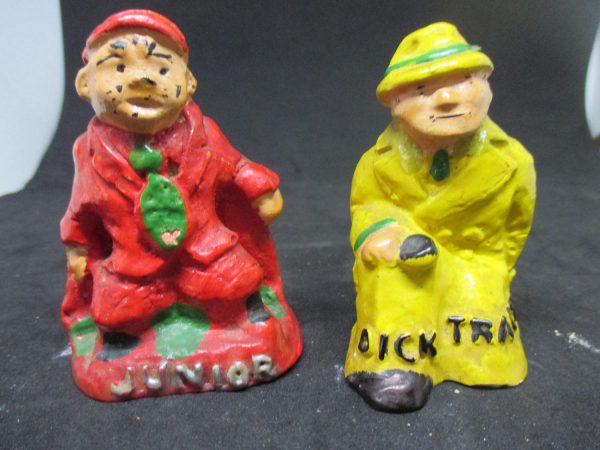 Dick Tracy and Junior Mid Century Chalkware Salt & Pepper Shaker Farmhouse Collectible Cottage Shabby Chic display original stoppers Japan