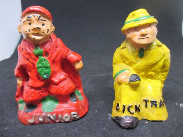 Dick Tracy and Junior Mid Century Chalkware Salt & Pepper Shaker Farmhouse Collectible Cottage Shabby Chic display original stoppers Japan