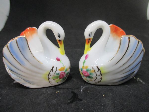 Elegant Swan Salt & Pepper Shakers decor collectible display tableware kitchen farm cottage marked Cherry and 1352B blue gold yelow pink
