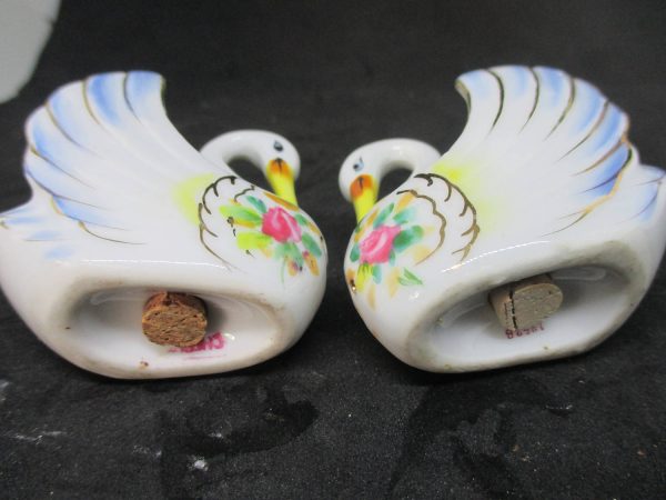 Elegant Swan Salt & Pepper Shakers decor collectible display tableware kitchen farm cottage marked Cherry and 1352B blue gold yelow pink