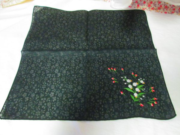 Exceptional Lily of the Valley Embroidered hankie black lace look fabric handkerchief
