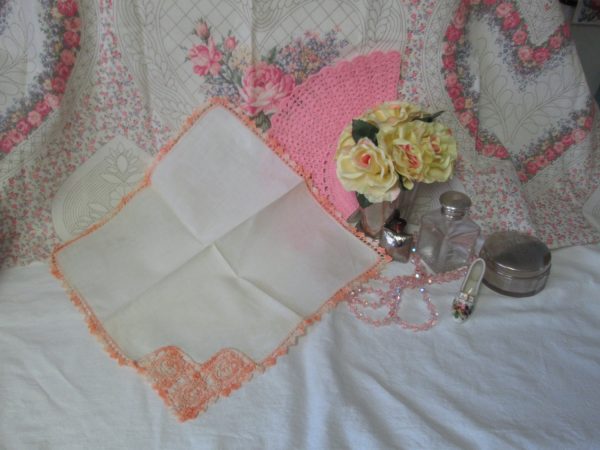 Exquisite Ivory Linen with Crochet Trim hankie handkerchief Stunning Detail Shabby chic cottage display collectible cotton