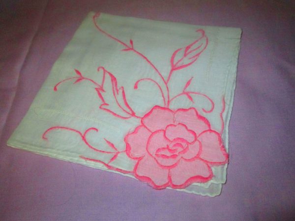 Fancy Pink Rose applique and embroidery Handkerchief cotton hankie 14" x 14"