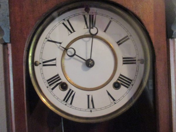 Fantastic Antique German Clock Key Wind Porcelain Face & Pendulum Ornate Wooden Chiming Display Collectible Farmhouse Decor tv movie prop