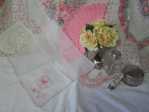 Fantastic Cotton Hankie with Applied Shear Flower with pink trim & embroidery