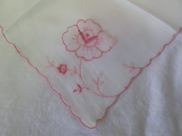 Fantastic Cotton Hankie with Applied Shear Flower with pink trim & embroidery