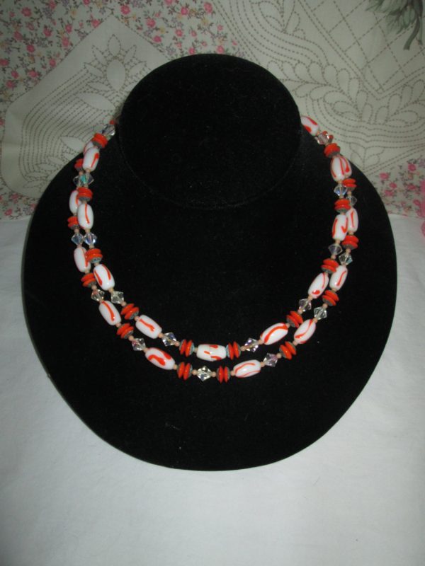 Fantastic Glass Beaded Orange & White Retro 1970's Necklace Double Strand
