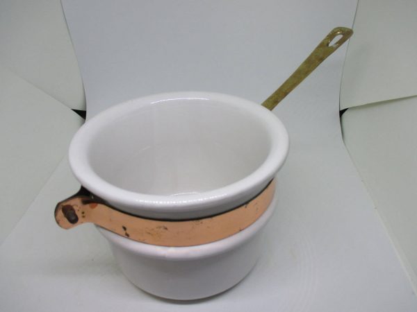 Fantastic Mid Century Made in Korea Pottery Ceramic Porcelain Cook pot stove top pan Copper rim brass handle