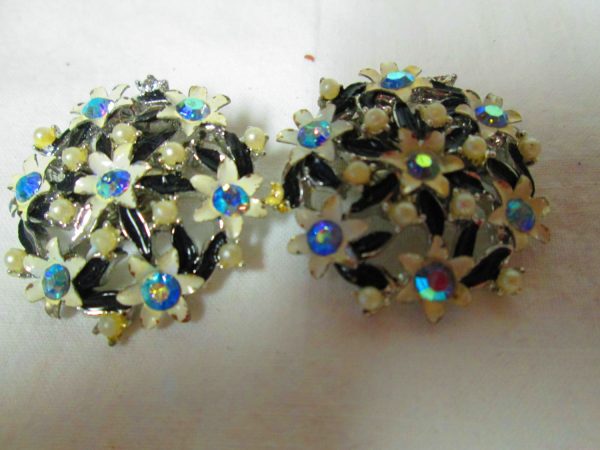 Fantastic Mid-Century Metal and Aurora Borealis Enamel Floral and Pearl Earrings Austrian crystals enameled leaves