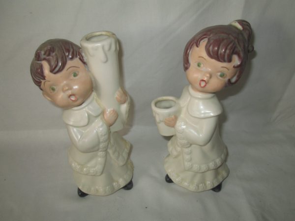 Fantastic Pair of Carolers Christmas Boy and Girl Ceramic Candle Holders Mid Century Nice Detail Figurines