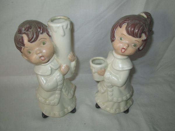 Fantastic Pair of Carolers Christmas Boy and Girl Ceramic Candle Holders Mid Century Nice Detail Figurines