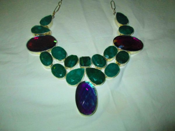 Fantastic Sterling Silver Coated Large Necklace Real Stones Adjustable Sizes Rainbow Topaz Stones