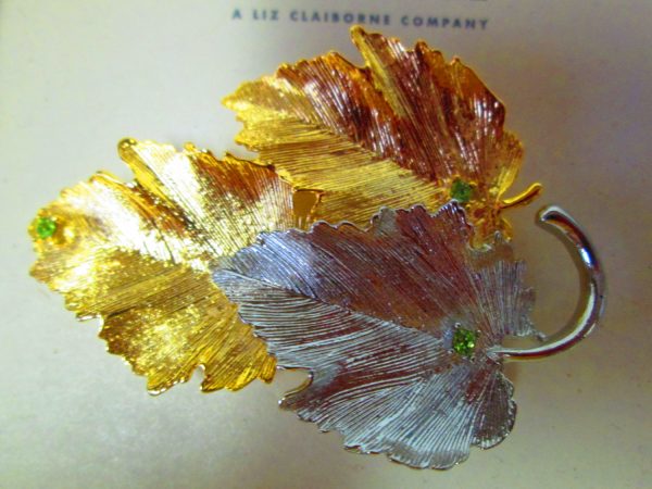 First Issue Liz Claiborne Silver and Gold Leaf Brooch Pin Silver tone Gold tone