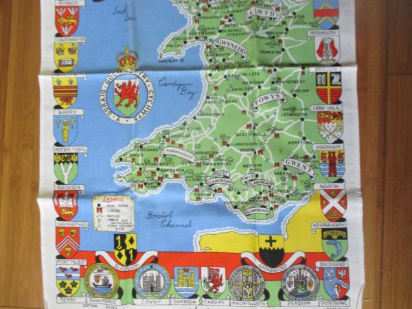 Mid Century Colorful Kitchen towel New Old stock Unused 100% cotton Vivid Colors Historical Wales flags country Bristol Channel