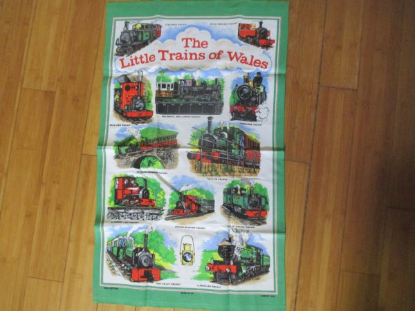 Mid Century Colorful Kitchen towel New Old stock Unused 100% cotton Vivid Colors The little trains of Wales English Lamont