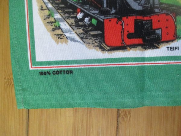 Mid Century Colorful Kitchen towel New Old stock Unused 100% cotton Vivid Colors The little trains of Wales English Lamont