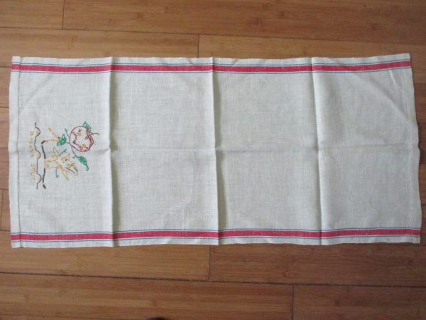 Mid Century Colorful Kitchen towel New Old stock Unused Pure Linen Stewed Pears Embroidered Towel
