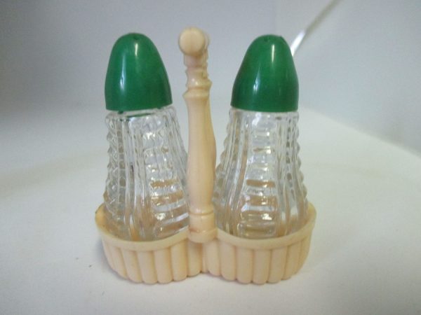Mid Century Glass with Green Hard plastic lids, in holder Salt and Pepper shakers cottage collectible display farmhouse country Kitchen