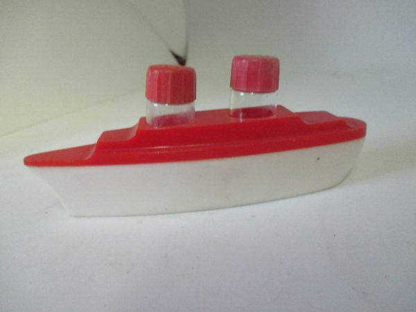 Mid Century Hard Plastic Boat Salt and Pepper shakers Stacks cottage collectible display farmhouse country Kitchen Nautical Red & white
