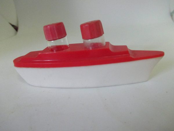 Mid Century Hard Plastic Boat Salt and Pepper shakers Stacks cottage collectible display farmhouse country Kitchen Nautical Red & white