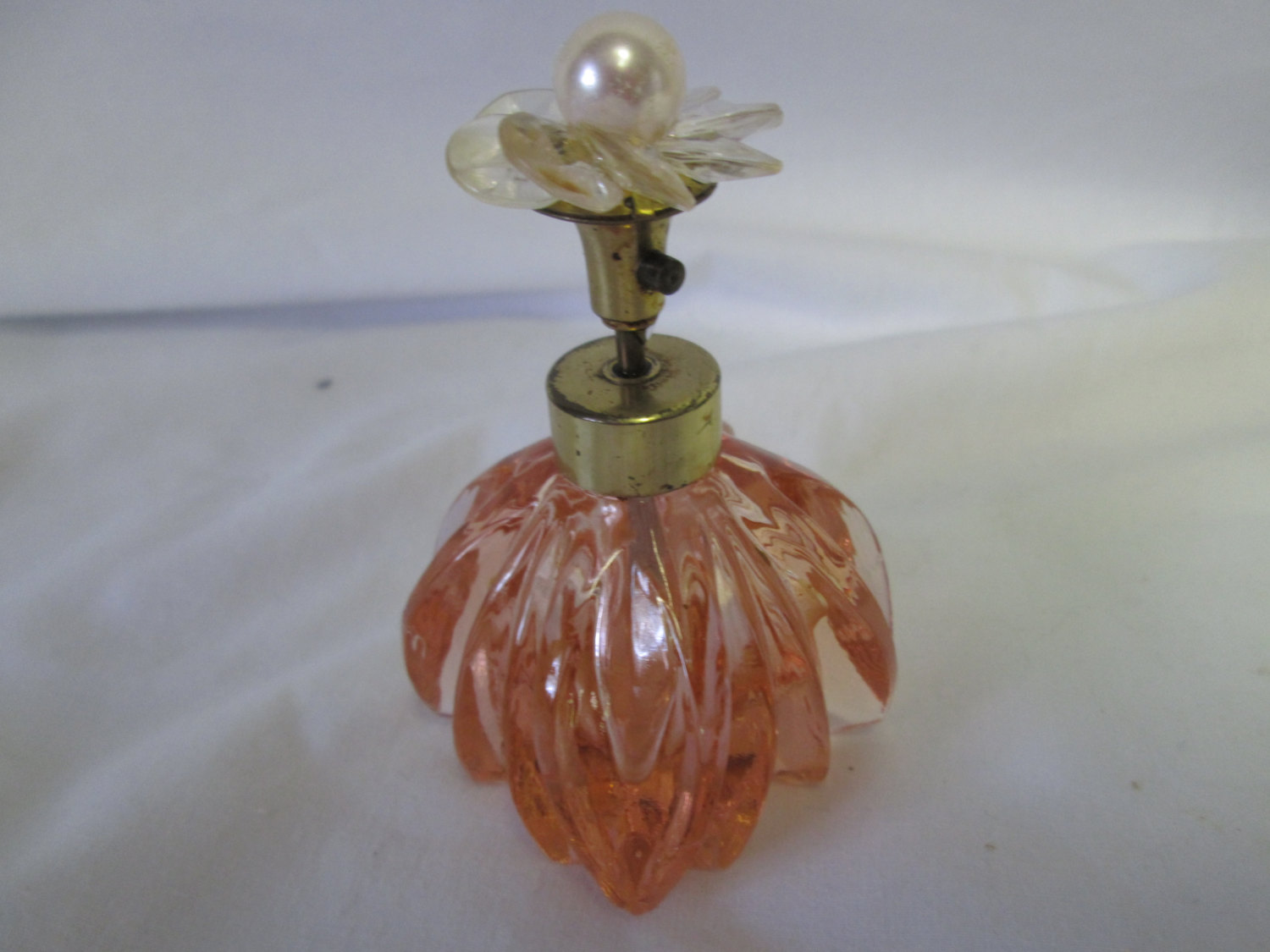 Mid century peach perfume bottle ribbed glass square base retro vanity ...