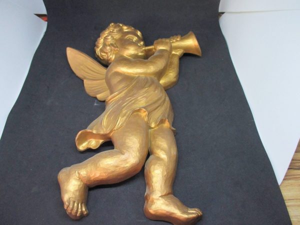 Mid Century syroco style large wall hanging cherub with horn great detail display wall decor elegant cottage shabby chic tv movie prop GOLD