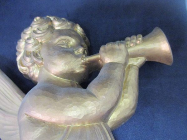 Mid Century syroco style large wall hanging cherub with horn great detail display wall decor elegant cottage shabby chic tv movie prop GOLD