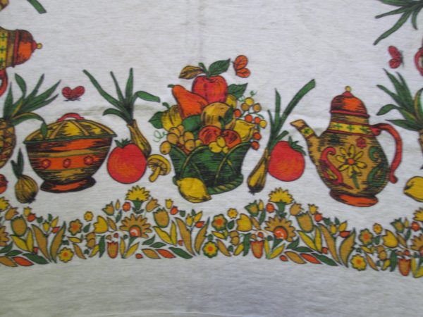 Mid Century Vintage Linen Bright Vivid Tablecloth 45"x48" Green Orange Yellow Veg and fruit pattern with tea pots
