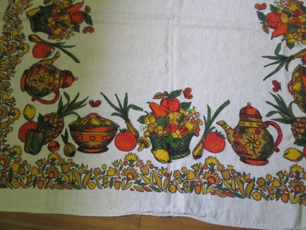 Mid Century Vintage Linen Bright Vivid Tablecloth 45"x48" Green Orange Yellow Veg and fruit pattern with tea pots