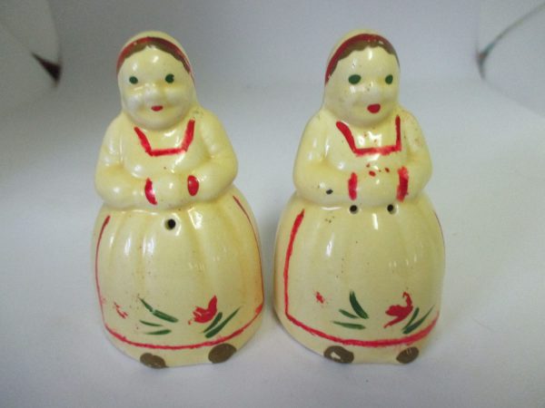 Mid Century Women pottery Yellow dresses Salt and Pepper shakers cottage collectible display farmhouse country Kitchen cooks Cleveland OH