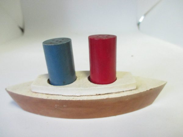 Mid Century Wooden Boat Salt and Pepper shakers Stacks cottage collectible display farmhouse country Blue and red Dinning Kitchen Nautical