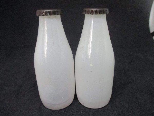 Miniature Milk Bottles Fired on Paint Glass Salt & Pepper Shakers decor collectible display tableware dinning kitchen farmhouse cottage 1940
