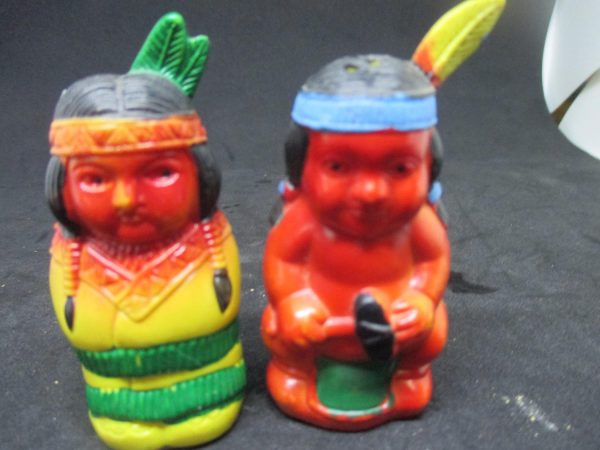 Native American Indian hard plastic Salt & Pepper Shakers decor collectible display tableware dinning kitchen cottage 1950's farmhouse