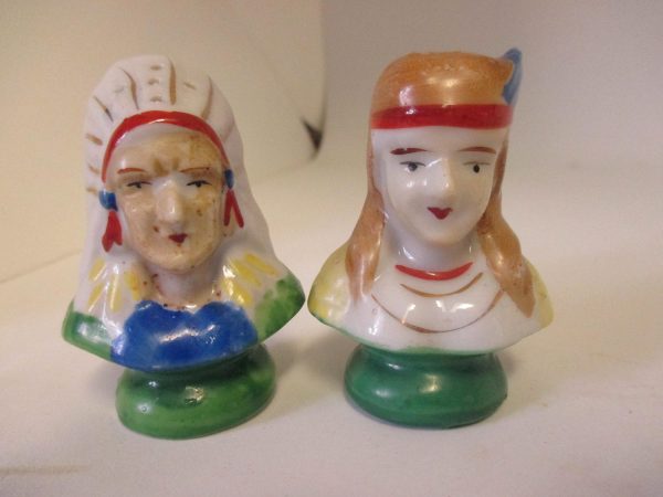 Native American Indian Porcelain Salt & Pepper Shakers decor collectible display tableware dinning kitchen cottage 1950's farmhouse