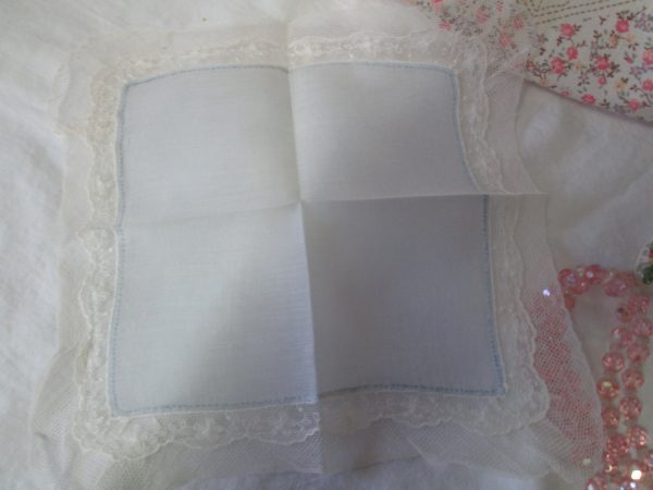 Pale blue cotton handkerchief hanky with double lace boarder cottage decor shabby chic collectible