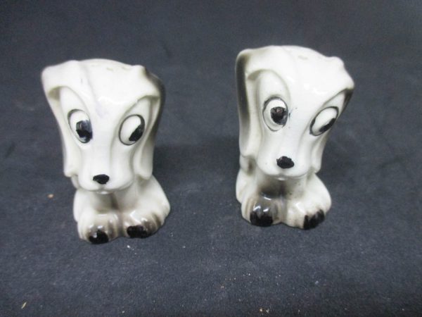 Porcelain Dogs Mid Century Salt & Pepper Shaker Farmhouse Collectible Cottage Shabby Chic display original stoppers Japan
