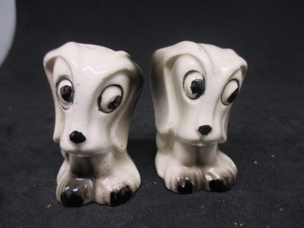 Porcelain Dogs Mid Century Salt & Pepper Shaker Farmhouse Collectible Cottage Shabby Chic display original stoppers Japan