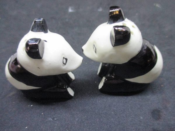 Porcelain Panda Bears Mid Century Salt & Pepper Shaker Farmhouse Collectible Cottage Shabby Chic display original stoppers Japan