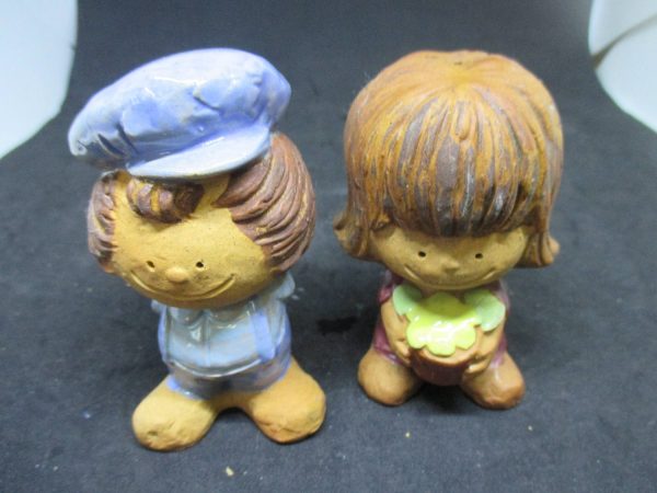 Pottery Boy and Girl Hippy Couple Salt & Pepper Shaker Farmhouse Collectible Country Cottage Shabby Chic display 1970's Japan