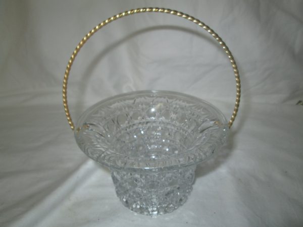 Pretty Mid Century Glass Basket with Metal handle pressed glass with buttons pattern