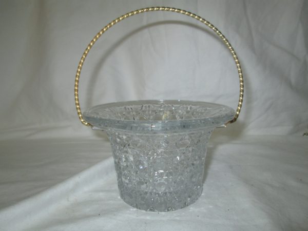Pretty Mid Century Glass Basket with Metal handle pressed glass with buttons pattern